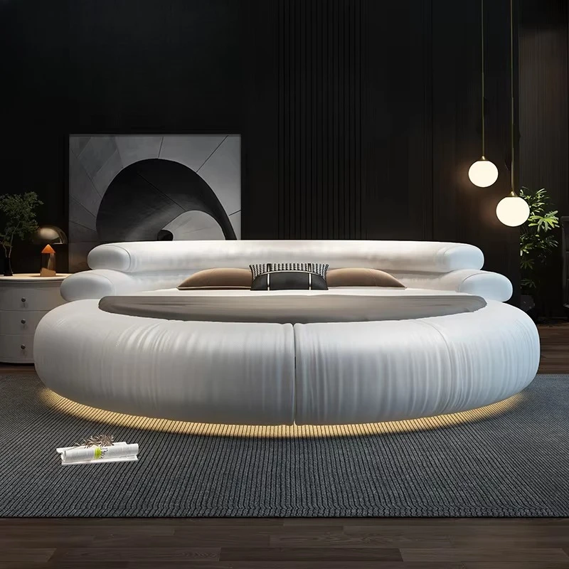 غرفة نوم رئيسية مزدوجة فاخرة بسيطة مع سرير دائري لحفلات الزفاف من الجلد الناعم على الإنترنت #2