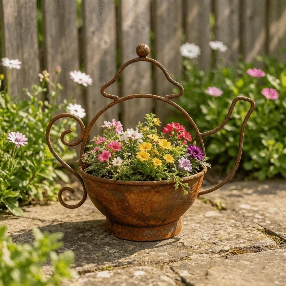Decorative Rusty Iron Teapot Flower Pot Vintage Rust-Resistant Metal Teapot Planter Creative Kettle Shape Flower Pots Farmhouse