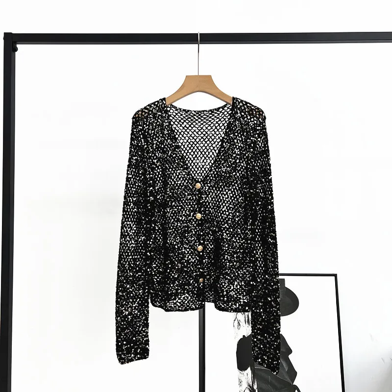 25 Cárdigan de mujer de primavera y verano con cuello en V y manga larga con cuentas de punto de seda hueca