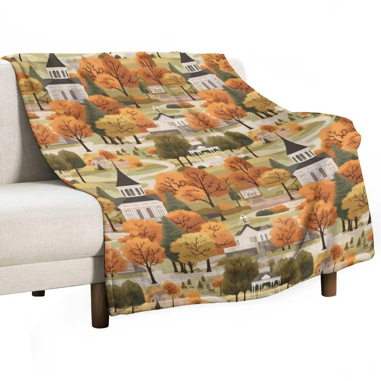 Small Town Connecticut II - Town Square - Autumn - Gilmore Pattern Throw Blanket Designers Soft Flannel Picnic Hairy Blankets