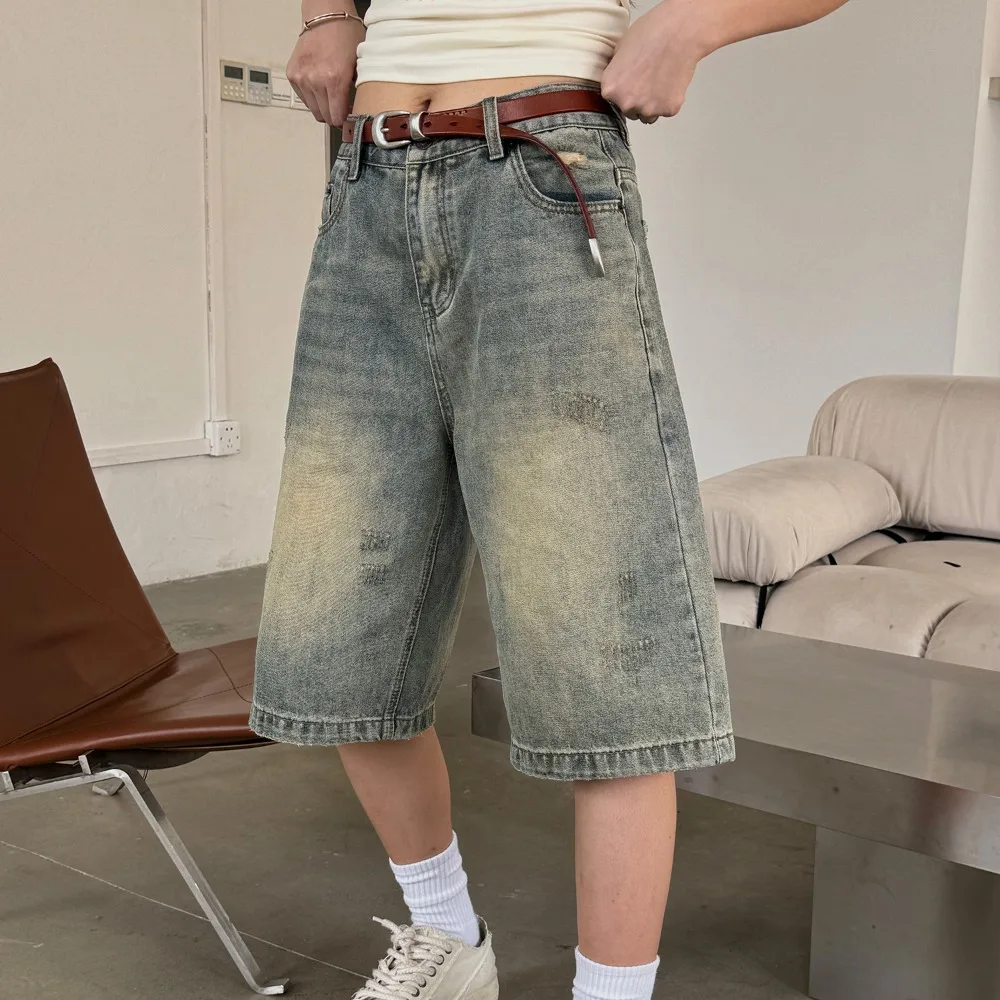 Denim Shorts for Women Pockets Ripped Baggy Washed Advanced American Style Knee-length Classical Retro Streetwear Versatile Chic