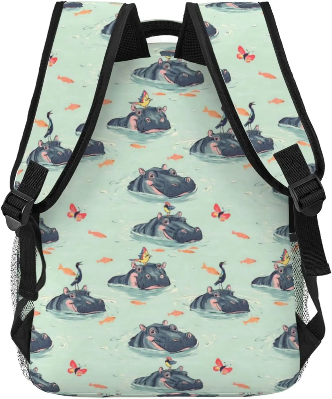 Cute Hippo Casual Backpack Lightweight Laptop Bag Daypack Butterfly and Bird Aqua Blue Backpacks for Women Men Teens