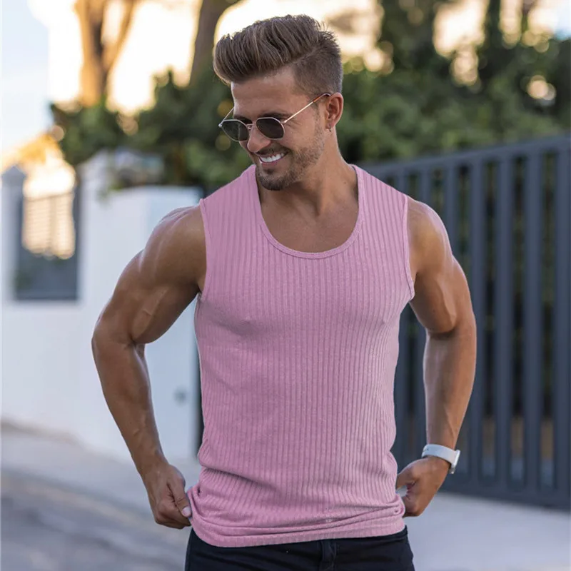 2023 Summer New Men\'s Vest Bodybuilding Tank Tops Men Gym Fitness Workout Knit Sleeveless Shirt Male Casual Singlet Vest