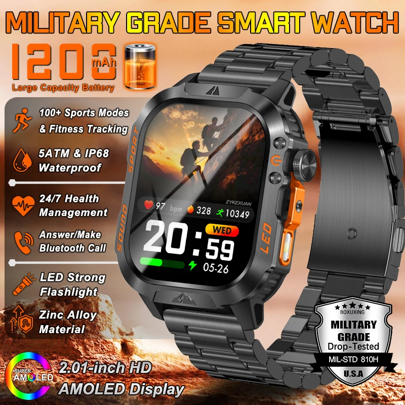2026 New 1200mAh Battery Rugged Military Smart Watch Men 5ATM Waterproof Fitness Tracker Health Heart Rate Flashlight Smartwatch