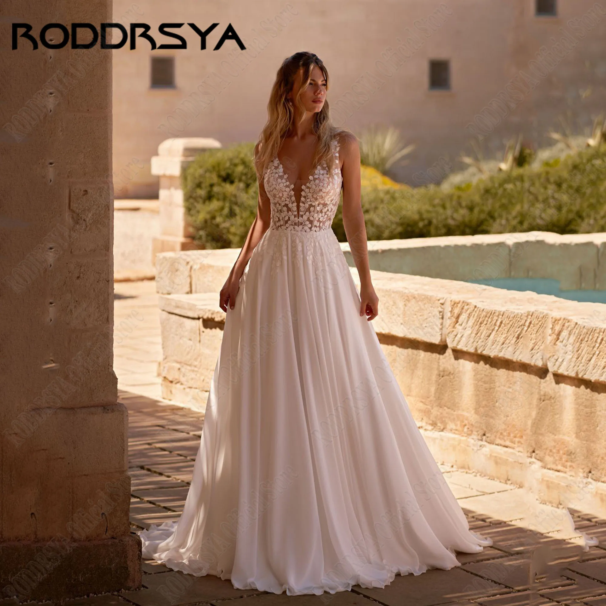 

RODDRSYA Double V-Neck Boho Wedding Dress Applique Chiffon Robe De Mariée Sleeveless A-Line Bride Gowns Woman Backless Custom