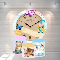 Alice in Wonderland Theme Round Backdrop Banner Clock Tea Party Baby Shower Background for Birthday Party Cake Table Decoration