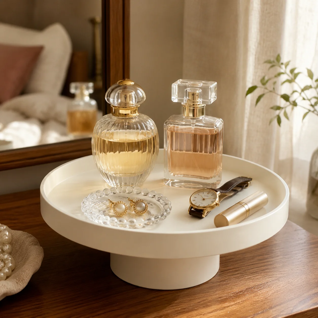 Modern Round Pedestal Display Tray with Raised Edge, ABS Serving Platter for Perfume Jewelry Fruit Dessert Home Table Decor