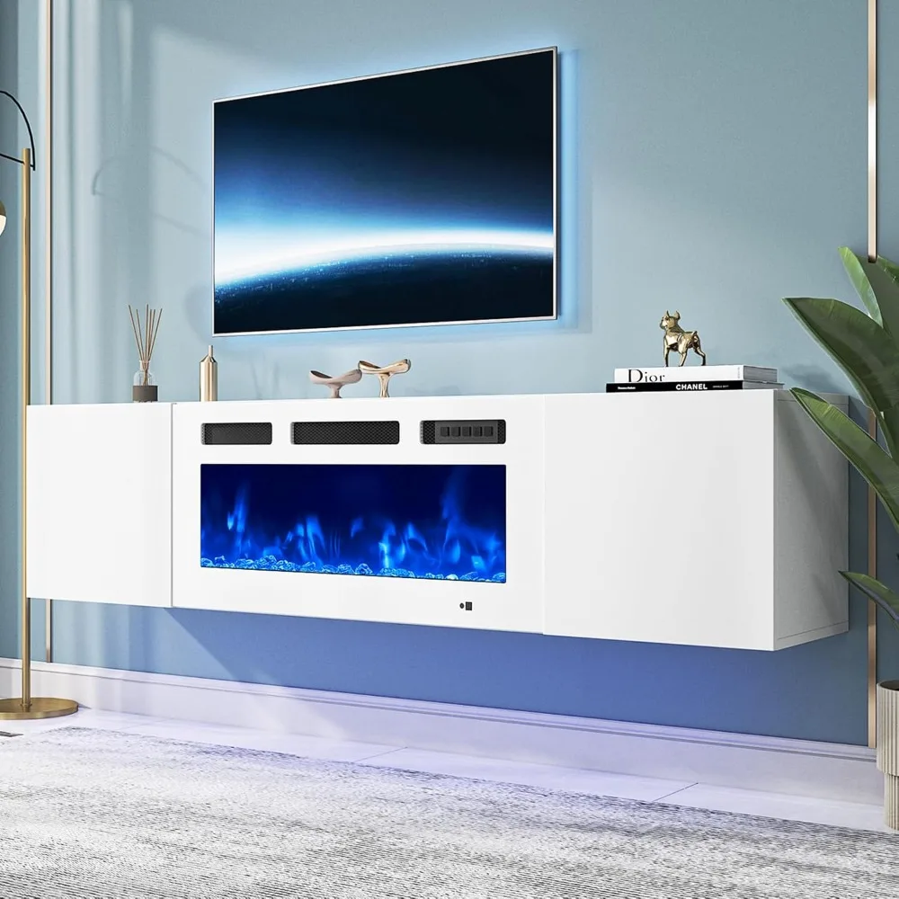 Schwebender TV-Ständer mit 36 elektrischem Kamin, wandmontierter Kamin, Entertainment-Center mit Stauraum, 70 TV-Konsole mit Kamin