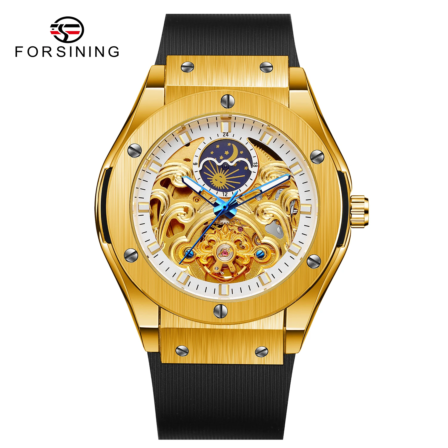 Luxury Brand Royal Style Tourbillon Automatic Wristwatch Skeleton Mechanical Men Watch Silicone Strap Moon Pash Display Dial