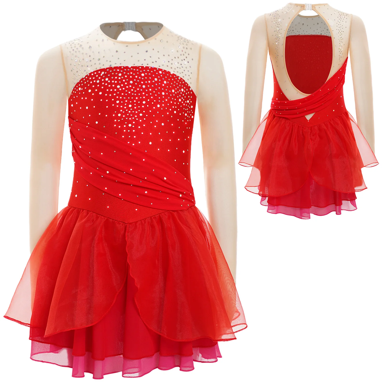 

Kids Girls Figure Skating Performance Costume Shiny Rhinestones Lyrical Dance Dresses Sheer Mesh Long Sleeves Cutout Back Dress