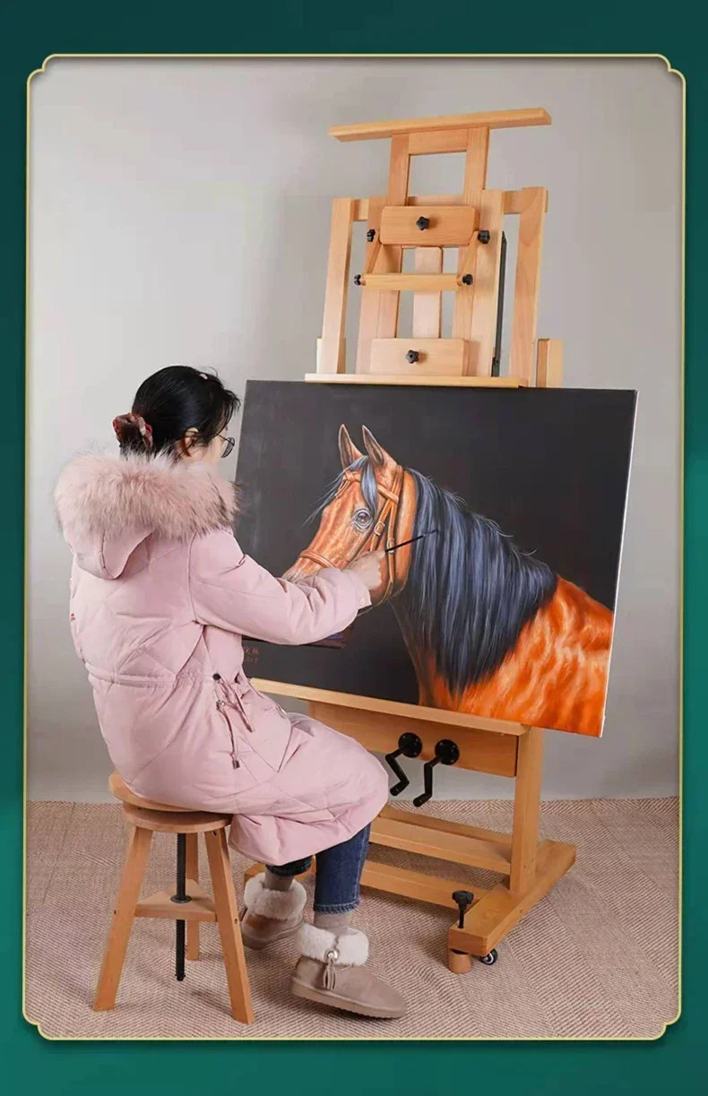 High-End Beech Wooden Solid Wood Double Rocker  Large Oil Painting Easel Floor Easel Can Be Tilted Forward and Backward