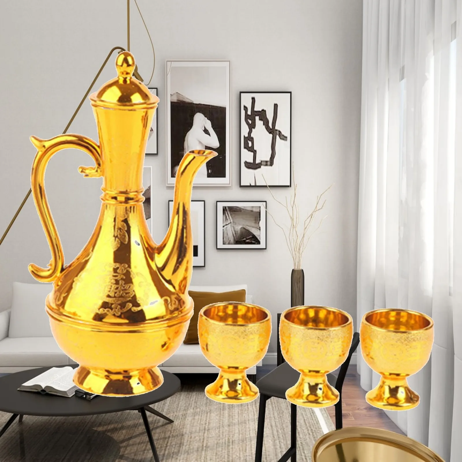 Plastic Gold Wine Glass Jug and Cups for Ceremony Tabletop Ornament Water Offering Home Temple Accessories