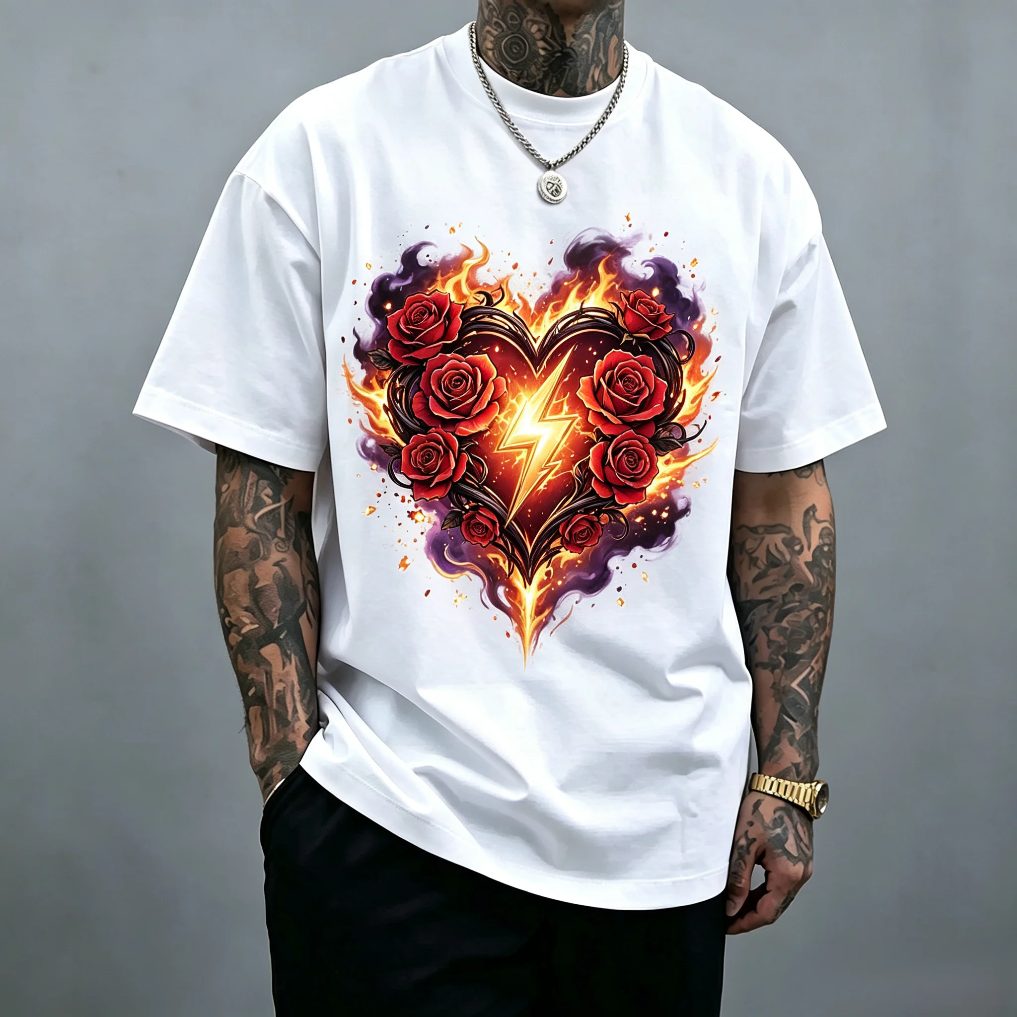 Unisex Fire Lightning Heart Red Rose T-Shirt Gothic Dark Tattoo Graphic Tee Vintage Flame Floral Oversized White Short Sleeve Streetwear Men Women