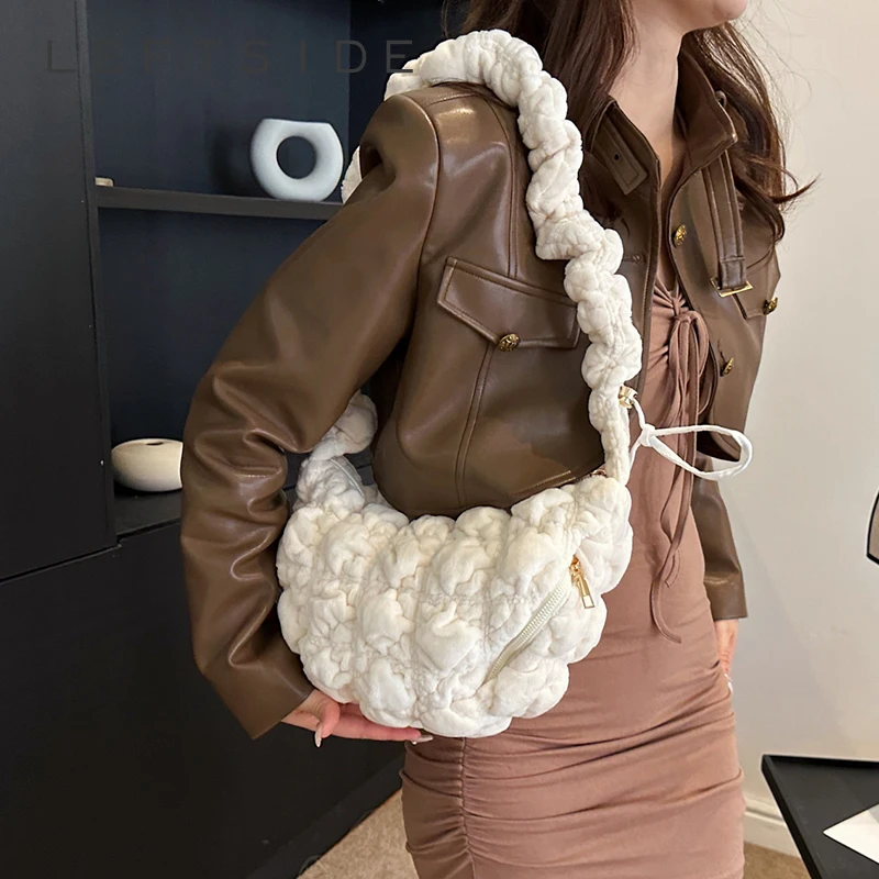 LEFTSIDE Y2K Small Soft Woolen Design Shoulder Bags for Women 2023 Winter Korean Fashion Y2K Pleated  Handbags and Purses