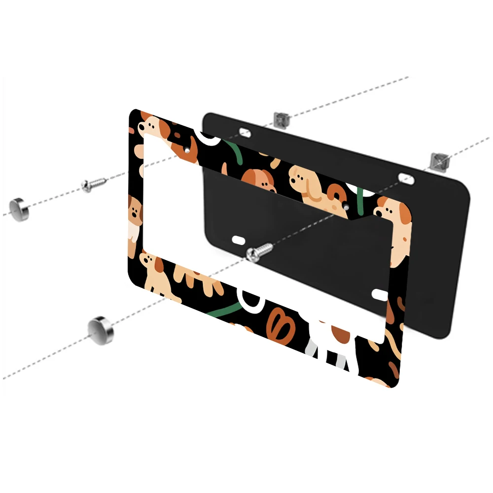 1pc Black Color Cartoon Dog Pattern 2 Hole License Plate Frame Aluminum Material 6x12 Inches with Screw Set Funny Car Decoratio