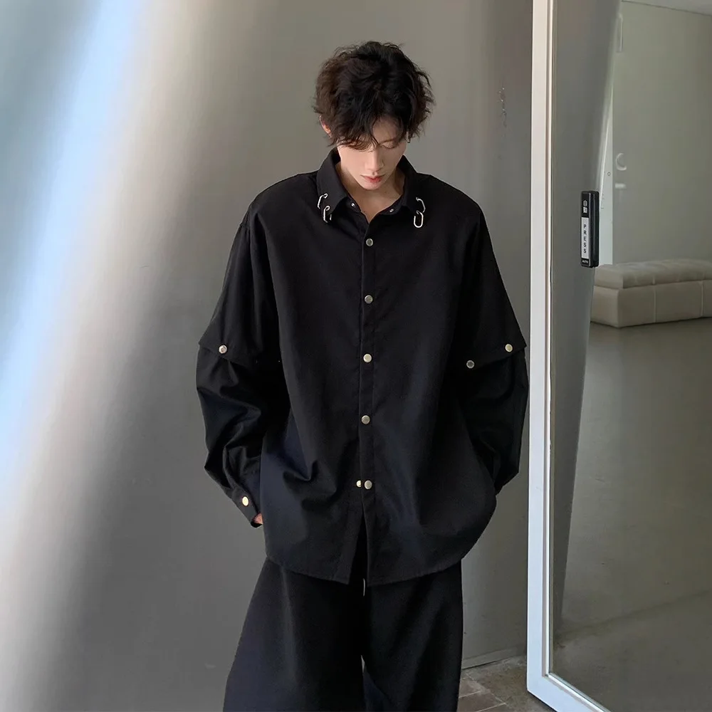Gothic Punk Man Shirts 2026 Black Detachable Shoulder Pad Shirt Men Loose Oversized Long Sleeve Blouse Streetwear Casual Shirt