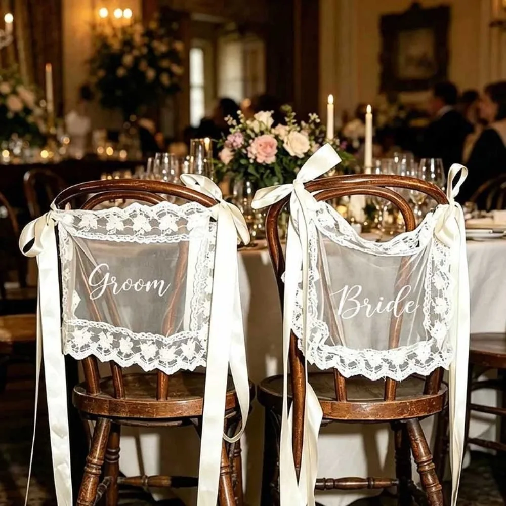 2PCS French Romantic Wedding Chair Back Lace Cover Creative Reusable Strap Chair Cover Multi Purpose Seat Decoration Chair Decor