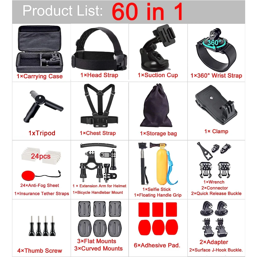 60-in-1 Action Camera Accessories Kit For GoPro Hero 12 11 10 9 8 7 6 5 4 Insta360 X2 X3 DJI Osmo Action 1 2 3 4 Action Cameras