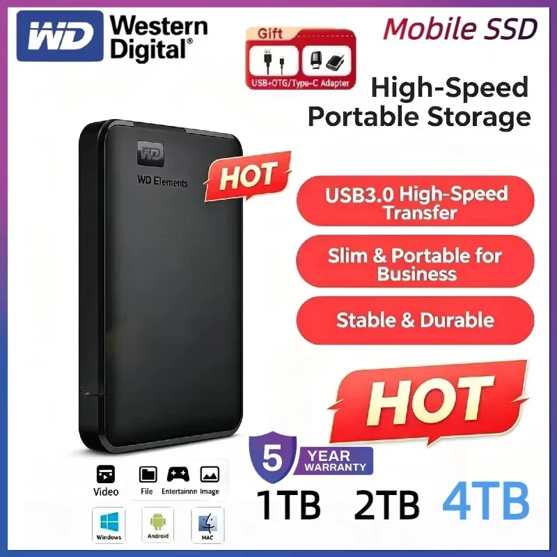 WD Western Digital 2.5 Inch External Hard Drive USB3.0 High Speed Mobile HDD 2TB/4TBLarge Capacity Portable Mechanical Hard Disk