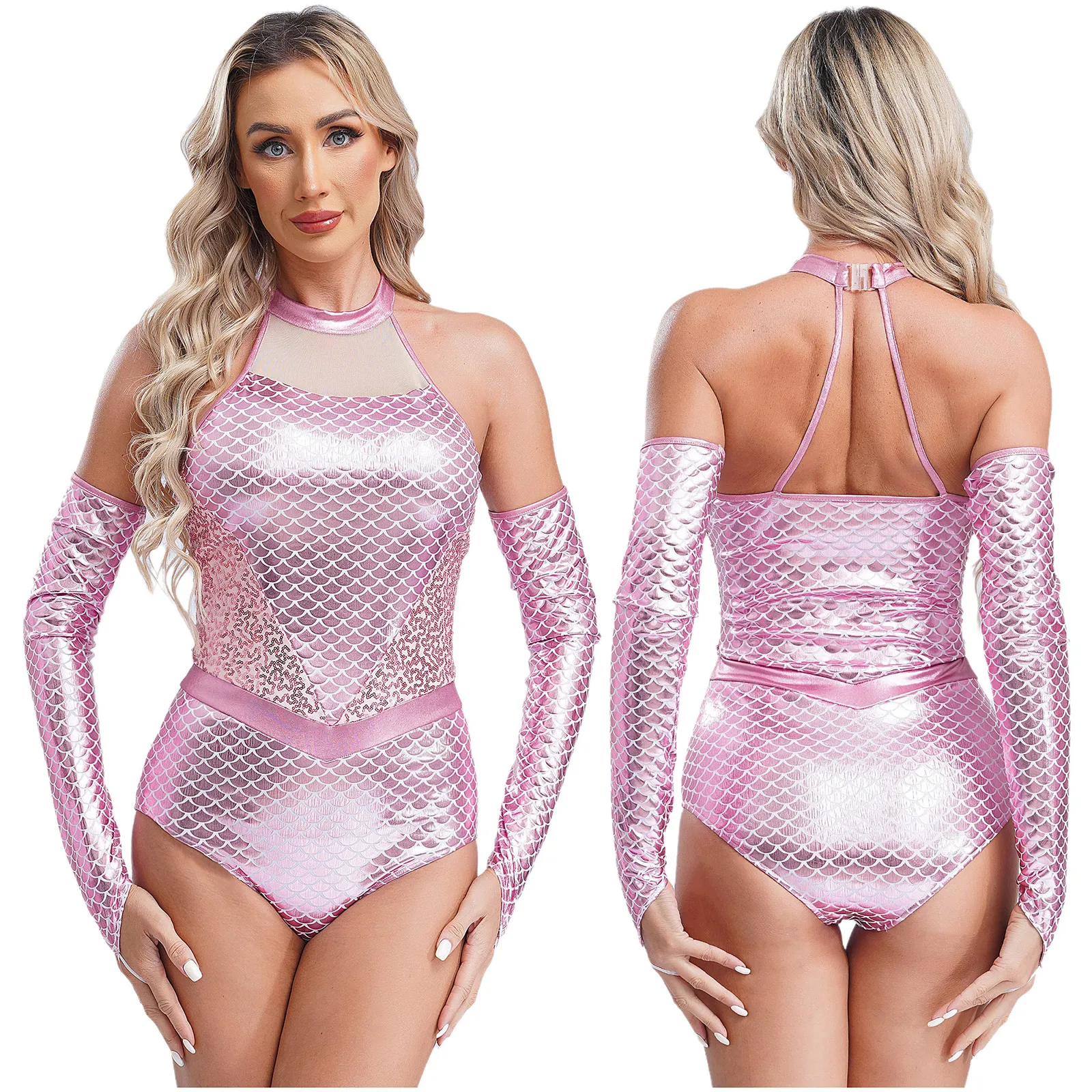 

Women Pink One Piece Mermaid Cosplay Shiny Bodysuit Swimsuit with Fingerless Gloves for Carnival Halloween Pool Party Beachwear