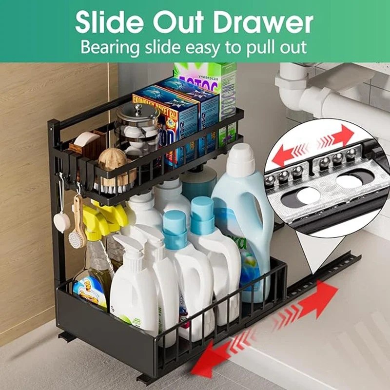2 Tier Under Sink Organizer Height Adjustable  Sliding Cabinet Basket Kitchen Storage Rack with Hooks Pull Out Drawer Organizer