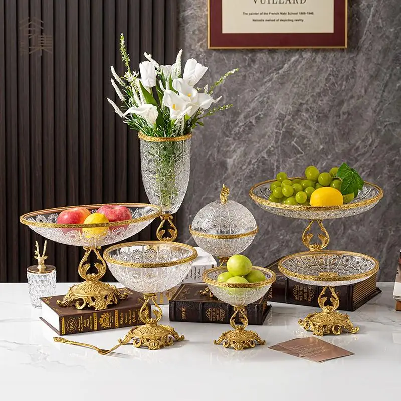 American luxury crystal glass with copper base, high-end home ornament, size number, flat plate fruit bowl, storage jar, vase.