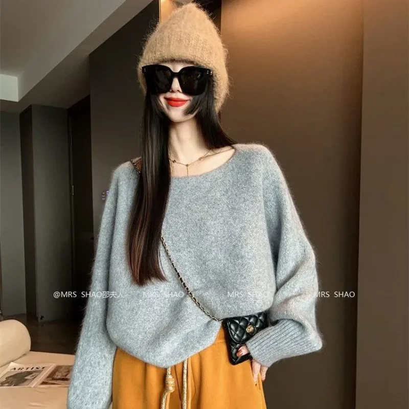 Women Lazy Style Boat Neck Fuzzy Knit Sweater Loose Oversized Solid Color Casual Pullover Top