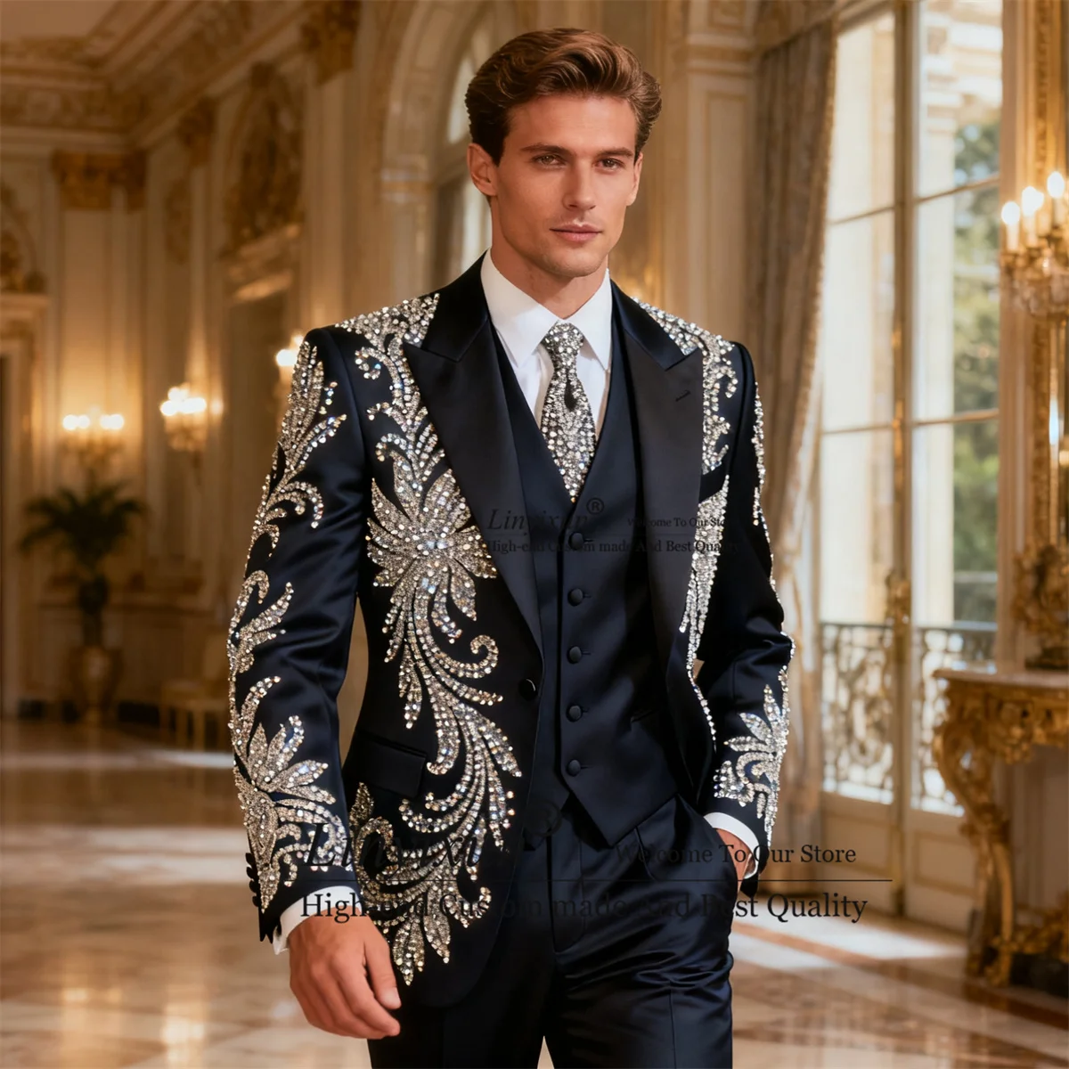

Красивые приталенные мужские костюмы с блестящими стразами и кристаллами, смокинги для жениха, индивидуальные комплекты из 3 предметов, мужской пиджак для выпускного вечера, Ropa Hombr