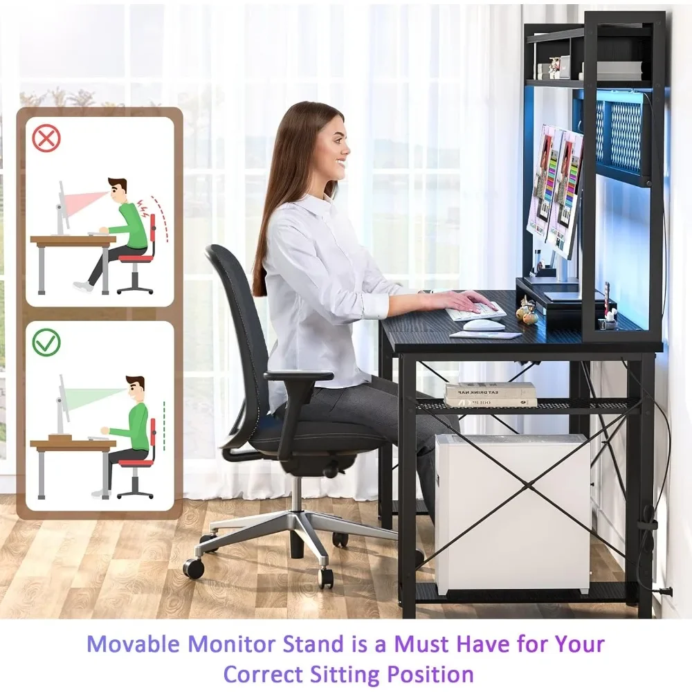 "مكتب ألعاب معزز 2024 مزود بكرة، مكتب كمبيوتر مضاء بإضاءة LED مقاس 55.2 بوصة مع منافذ، مكتب محطة عمل قابل للعكس مع p"