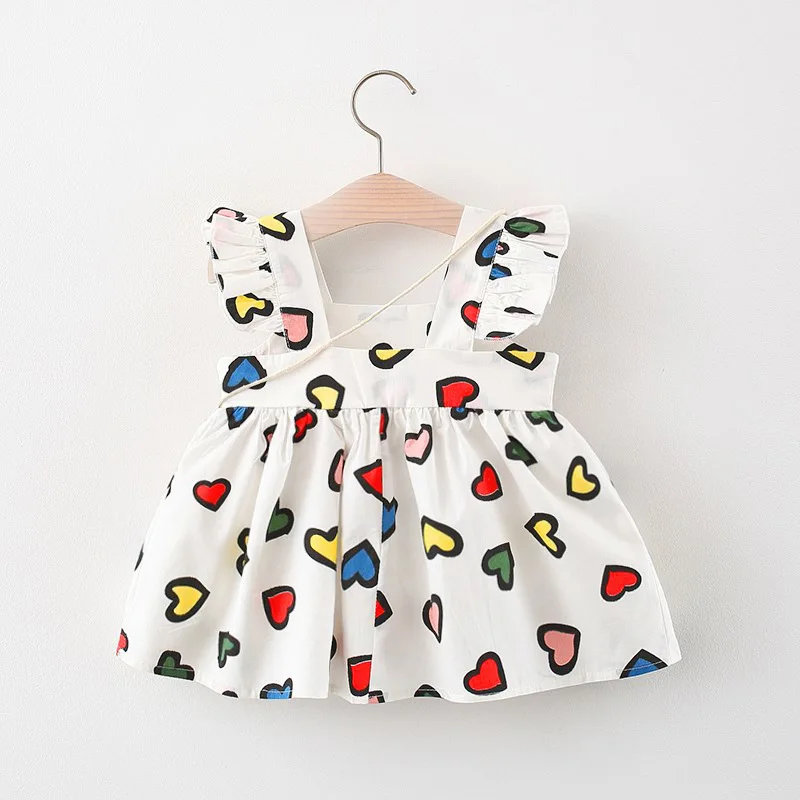 2Pcs Girls Summer New Dress Playful Flying Sleeves Colorful Love Printed A-Line Skirt With Dragonfly Crossbody Bag As A Gift