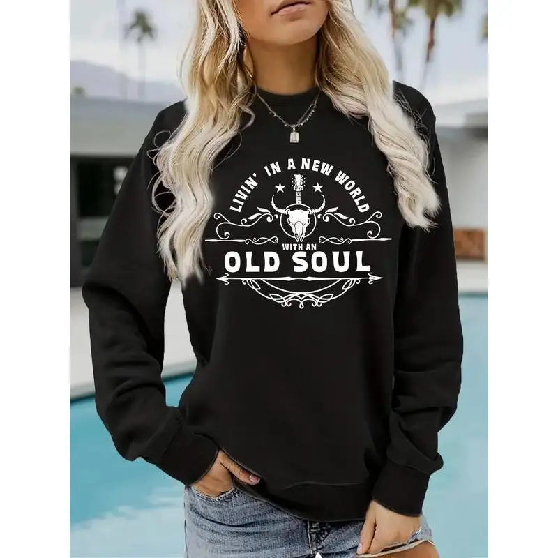 

Women's Old Soul Sweatshirt "Livin' In A New World" Retro Bull Skull Music Graphic Pullover Vintage Boho Gift
