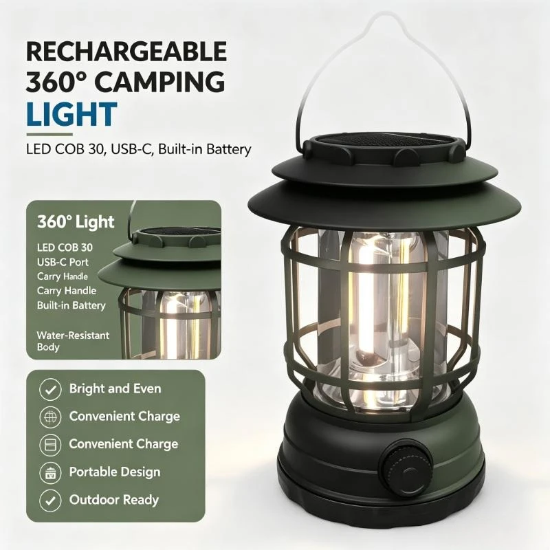 Lanterna da campeggio ricaricabile tramite USB-C, con doppia fonte di alimentazione, ideale per interruzioni di corrente improvvise e come fonte di illuminazione di emergenza per interni.