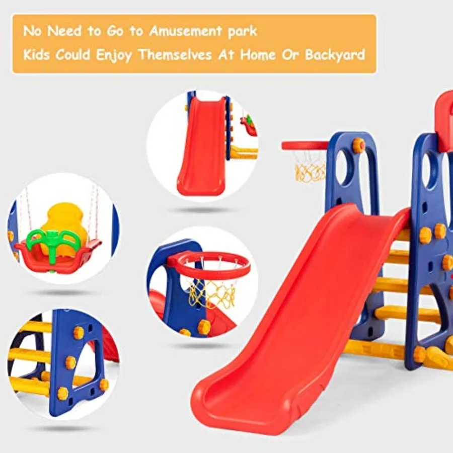 幼児用4in1スライド＆スイングセット、自立式クライマースライドプレイセット（男の子、女の子向け）、バスケットゴール付き、エクストラロングスライド