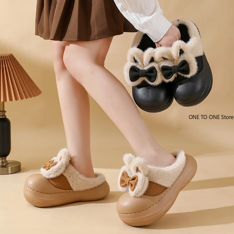 

Lovely Bow Women Winter Toe Wrap Warm Solid Cotton Slippers Thick Soft Sole Slides Femmer Indoor Floor Flat Home Non-slip Shoes