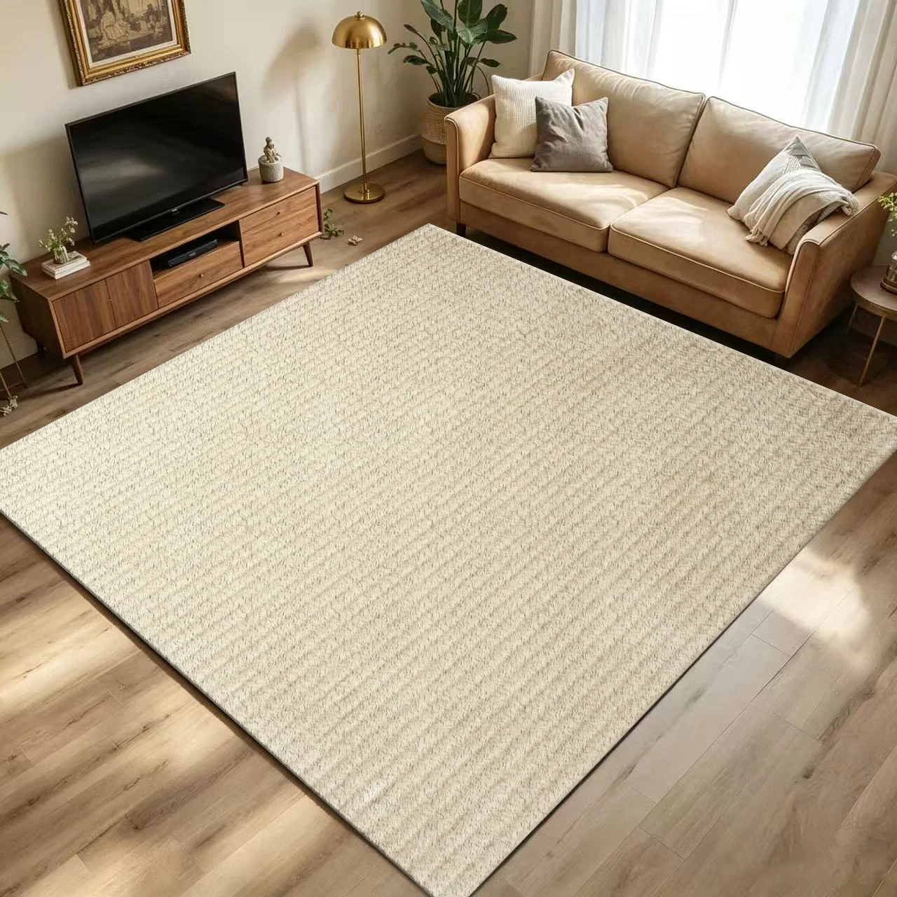 Solid Textured Beige Area Rug Minimalist Plain Soft Floor Carpet for Living Room Bedroom Kids Room Home Decor