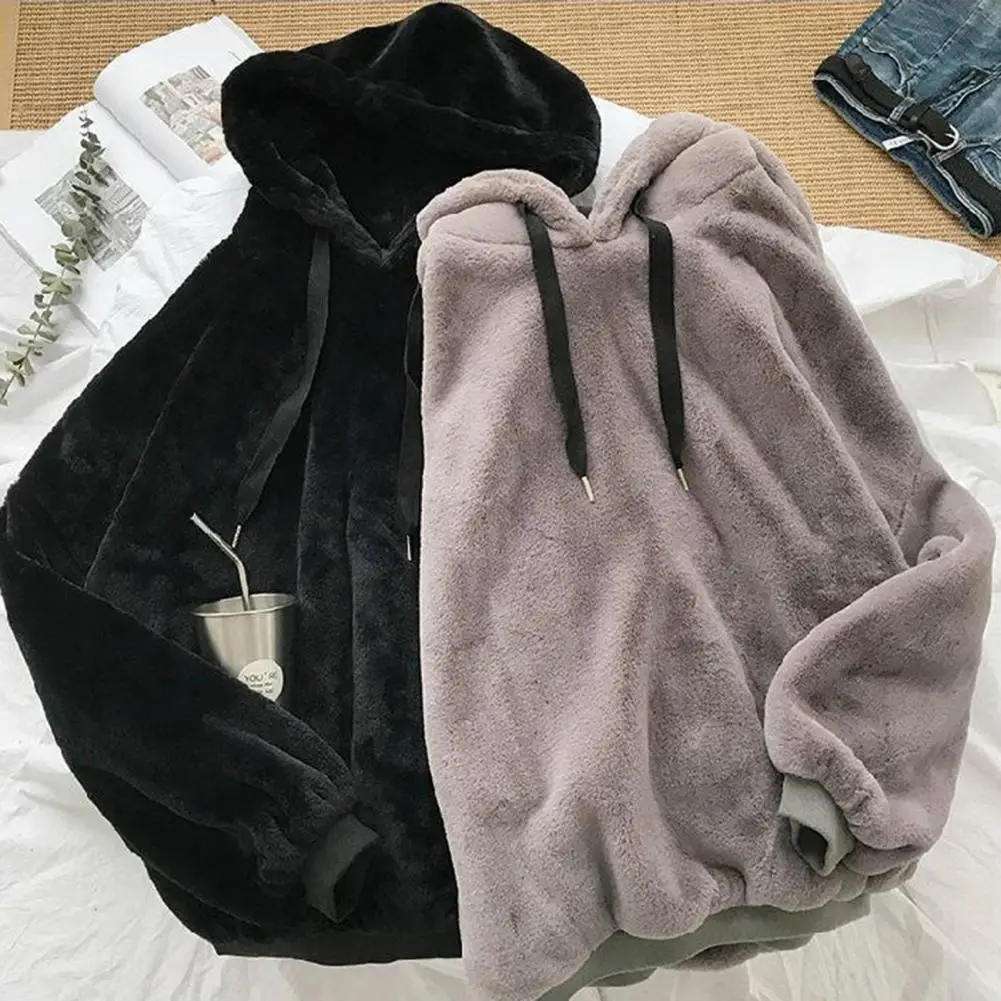 Trendy Plush Hoodie Drawstring Skin-Touch Couple Sweatshirt Boys Girls Casual Hoodie Pure Color Plush Sweatshirt