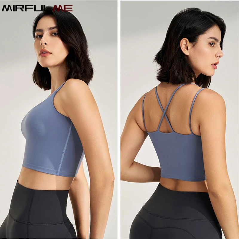 Women Sport Bras Shockproof Gathered Yoga Bra Breathable Padded Running Tank Top Girls Wide Hem Cross Strap Gym Fitness Vest Bra