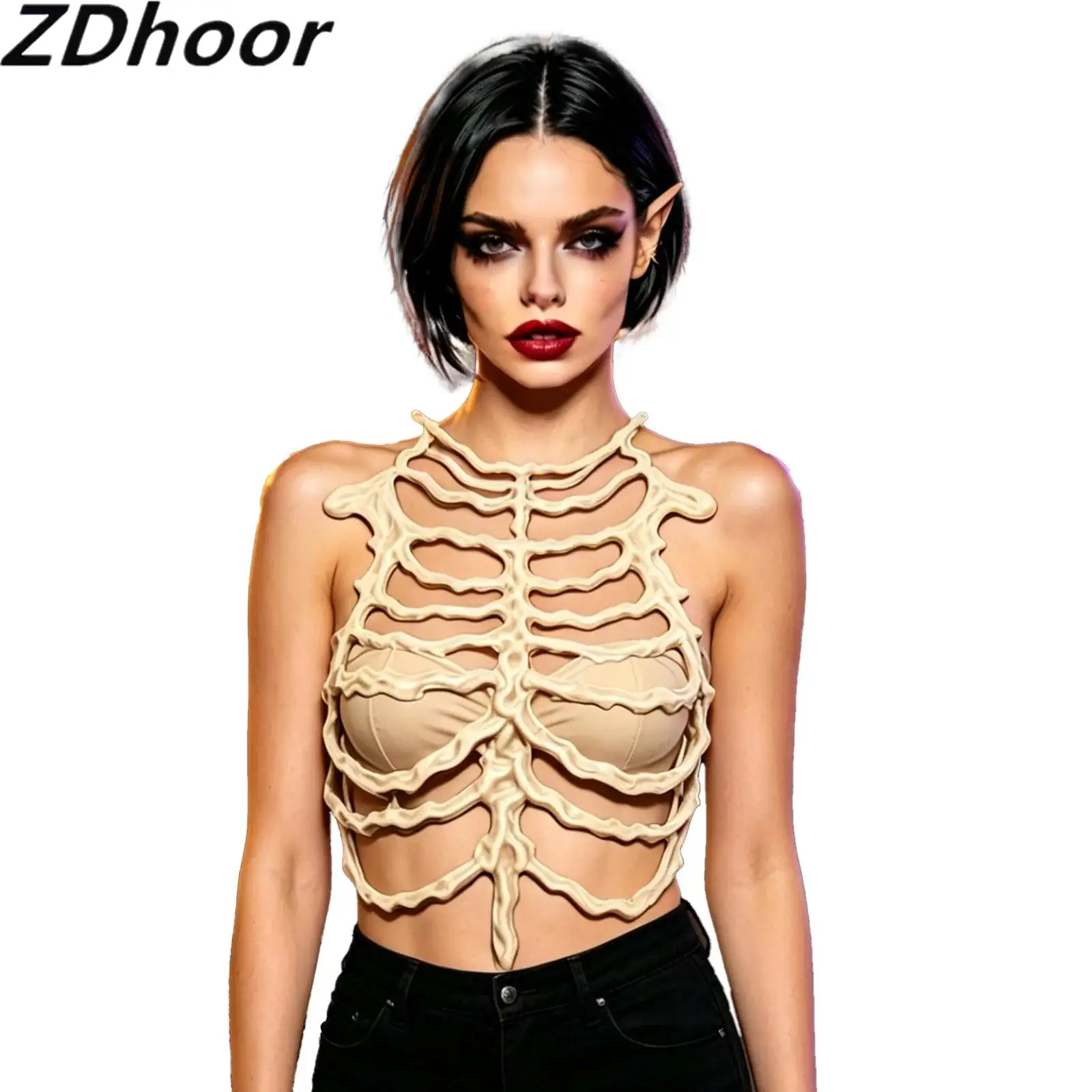 Gothic Skeleton Rib Cage Chest Armor Hollow-frame Prop with Back Chain for Party Halloween Cosplay Events Carnivals