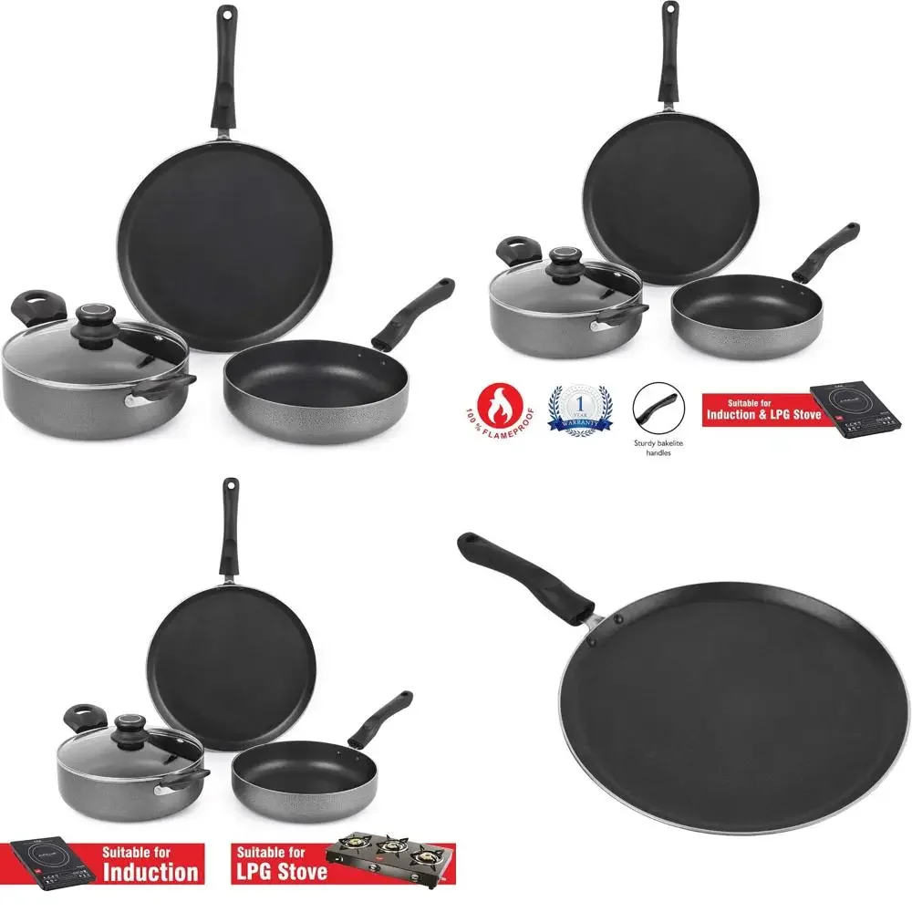 

Набор посуды Cello Prima из 3 предметов Hammertone с алюминиевым антипригарным покрытием: 28 см Dosa Tawa, 22 см Kadai со стеклянной крышкой, сковорода 22 см