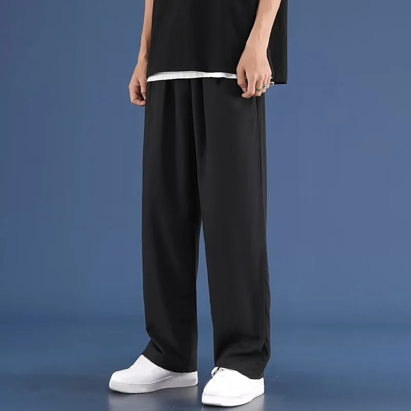 Summer Thin Straight Loose Casual Men'S Pants Elastic Waist Ice Silk Breathable Draping Wide Leg Long Baggy Trousers Sweatpants