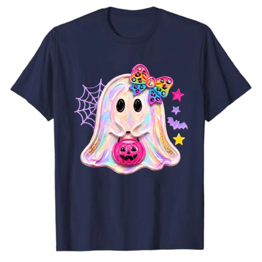 Cute Rainbow Bow Ghost Halloween T‑Shirt Pastel Trick or Treat Pumpkin Bucket Spider Web Star Bat Girly Kawaii Spooky Cotton Tee