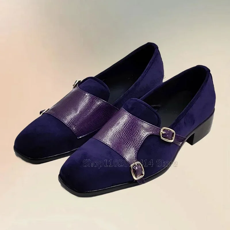 

Purple Buckle Decor Patchwork Double Monk Loafers Fashion Slip On Men Shoes Luxury Handmade Party Feast Banquet Men Casual Shoes