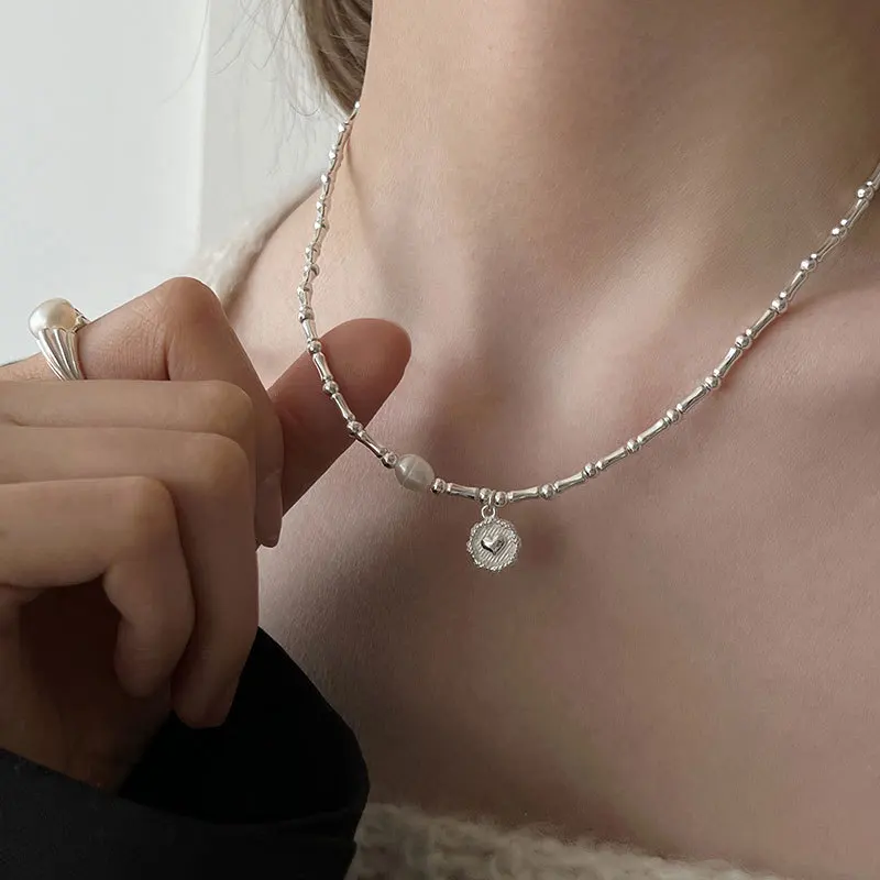 Mode Silber Farbe Bambus Herz Anhänger Halskette Set für Frauen Edelstahl Schlüsselbein Kette Halskette Y2k Schmuck Geschenke