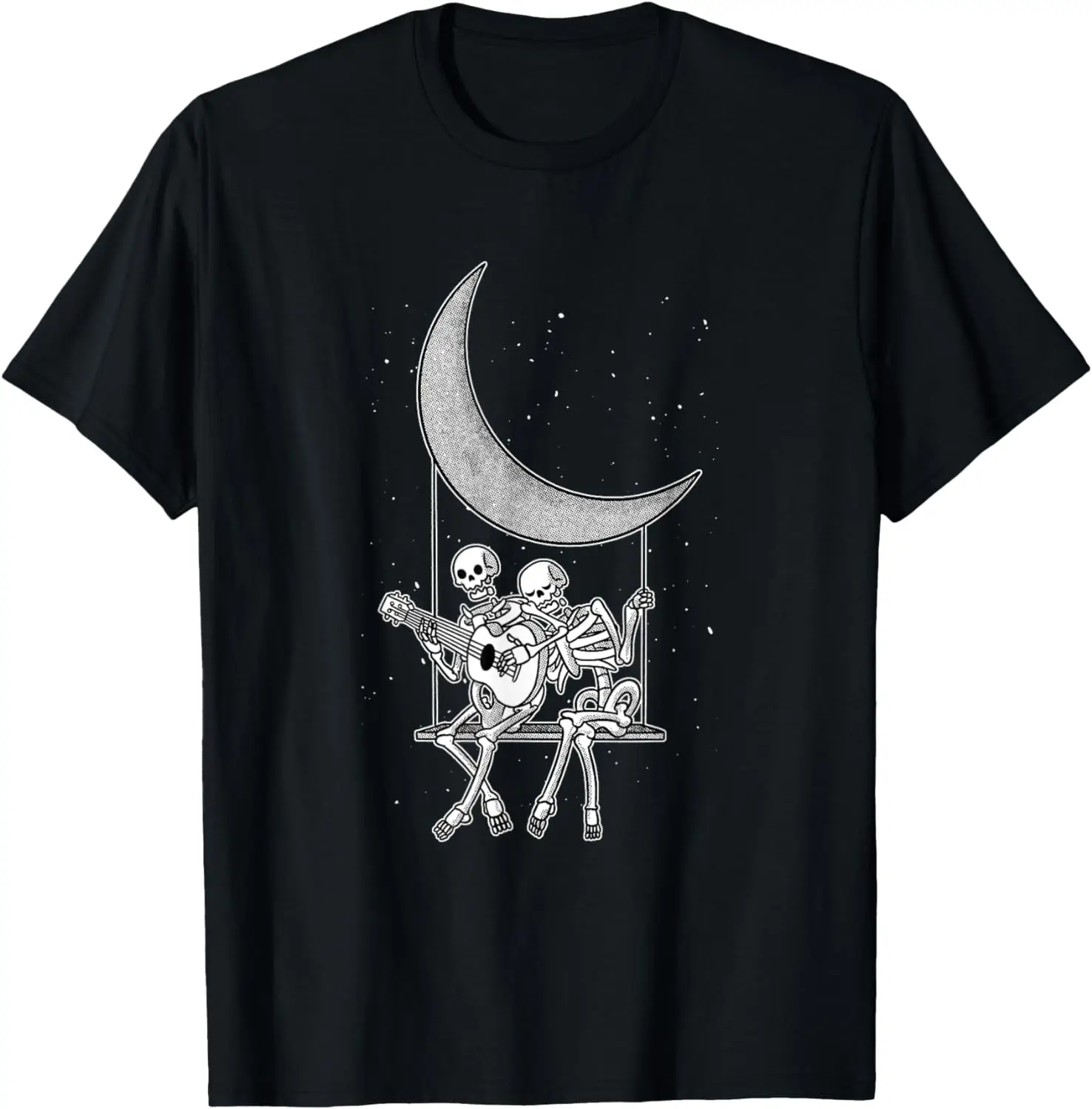 Vintage Skeleton Couple Moon Swing Playing Guitar Rock On T-Shirt