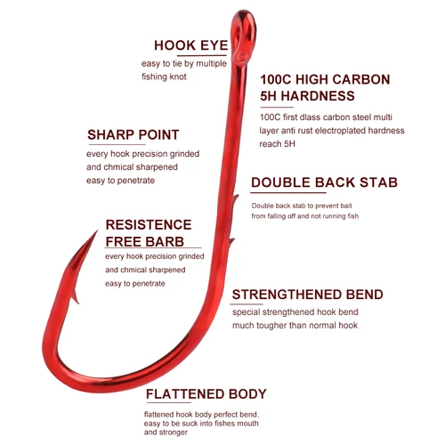 Imagen 2 del producto FTK-anzuelo de púas rojo, anzuelo de pesca de acero rico en carbono, anzuelo giratorio de doble parte posterior, mango largo, accesorios de pesca, aparejos de herramientas
