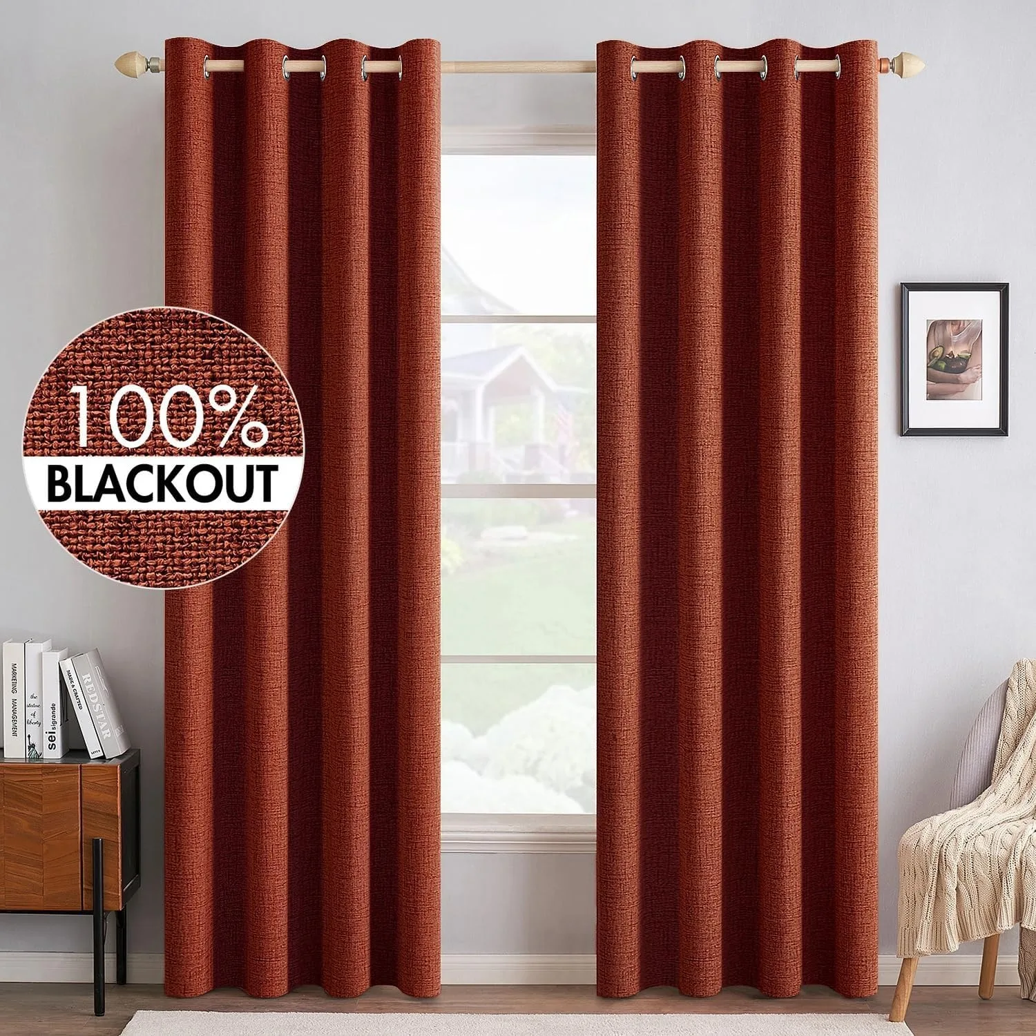 4pcs Set of 100% Blackout Linen Textured Curtains for Bedroom, Sound Reduction and Heat Thermal Insulation, High‑Quality Soft Fabric Window Curtains, Durable Metal Ring Grommet Top Design, Full Light Blocking Drapes, Luxury Home Decoration for Living Room
