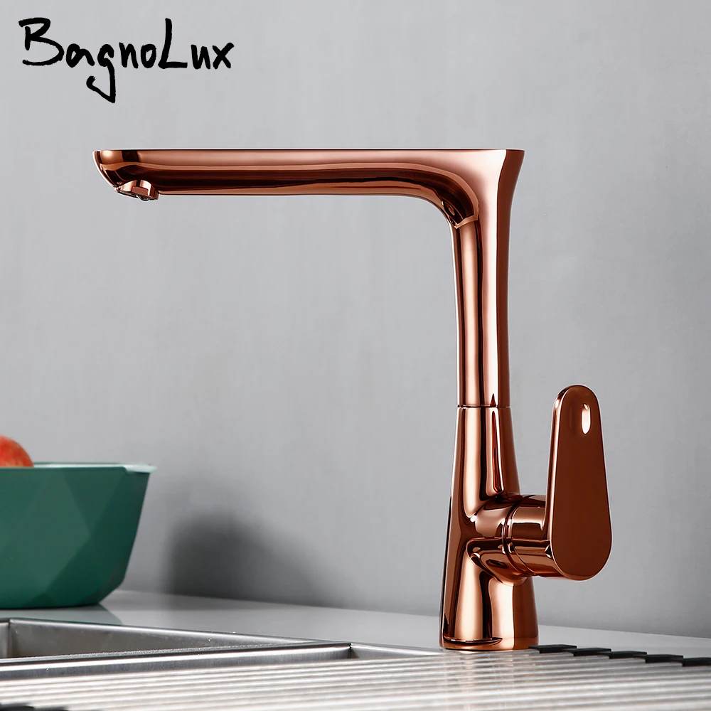 Bagnolux Polished Rose Gold Brass Single Hole Handle Deck Mounted Hot And Cold Mixing Kitchen Sink Faucet