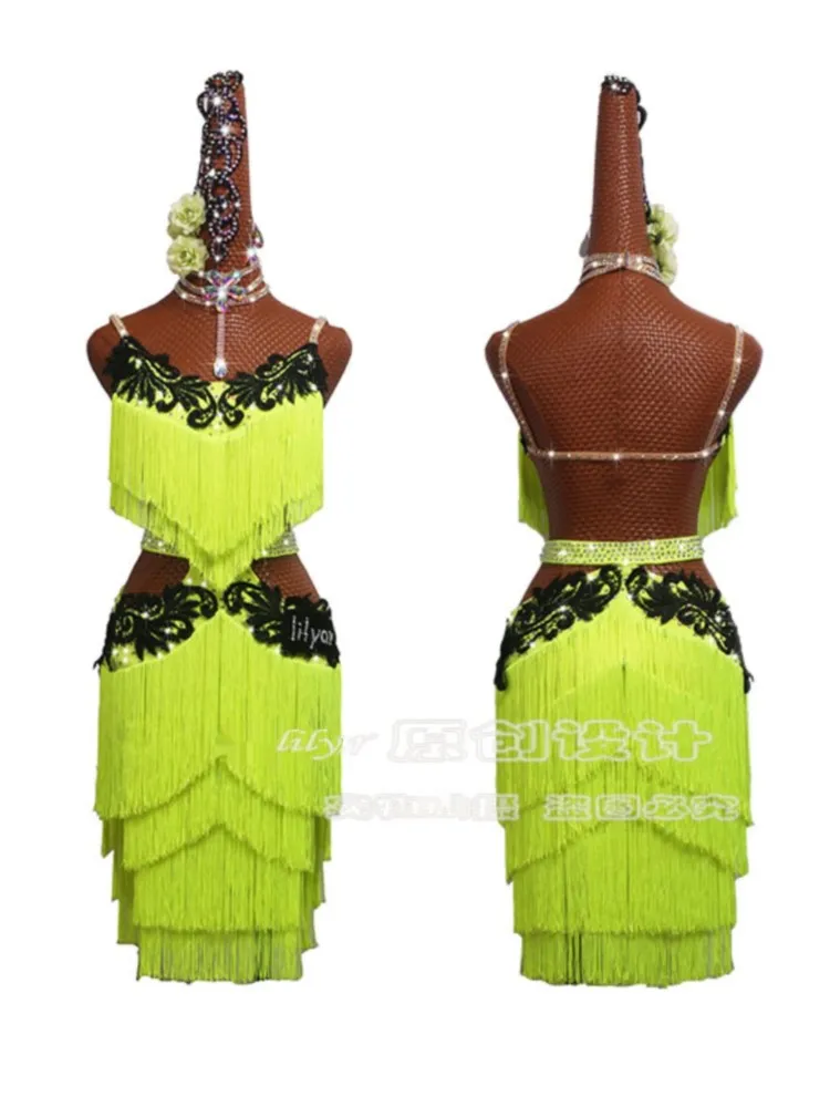 

Latin Dance Competition Female Performance Adult Tassel Dress Children's Fluorescent Yellow New Embroidered