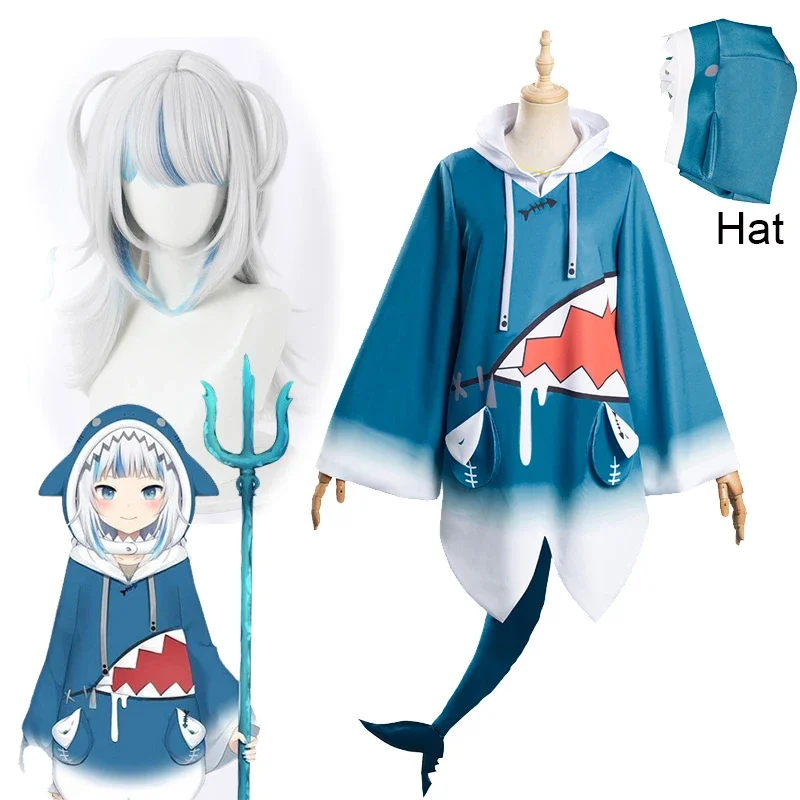 

2024 VTuber Hololive Gawr Gura Costume Shark Suit Gawr Gura Cosplay Wig and Hoodies Hat Tail Woman Kawaii Shark Costumes