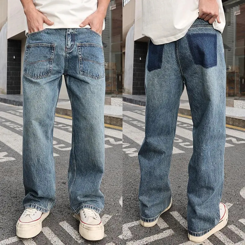 

Personality Retro Blue Jeans Man Straight Leg Pockets On Front Y2k Pants Men